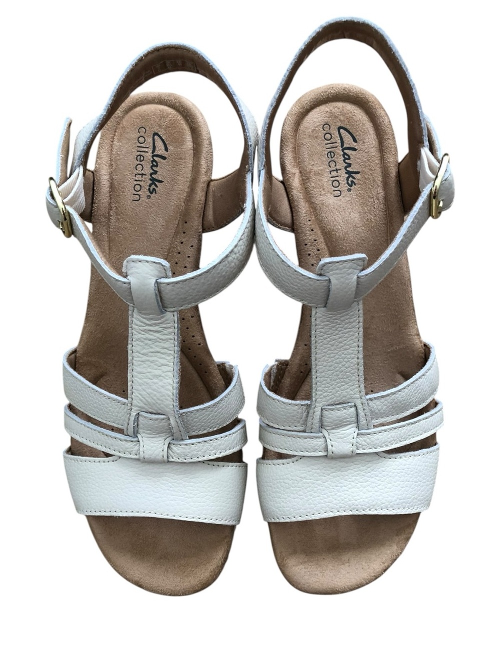 Clarks Seannah Madi White Cream Leather T-Strap Sandals with Ankle Buckle